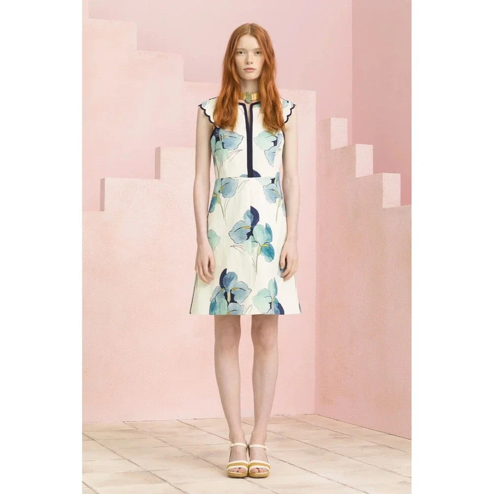 Tory Burch Edith Floral Midi Shift Dress Sz 6 Sleeveless Watercolor Iris Office